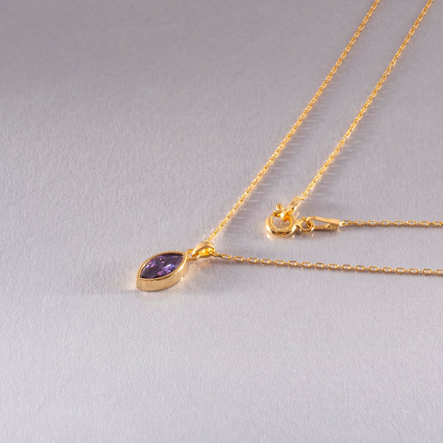 Marquise Cut Amethyst Bezel Necklace 14K Solid Gold, February Birthstone Pendant Queen Jewelry Necklace
