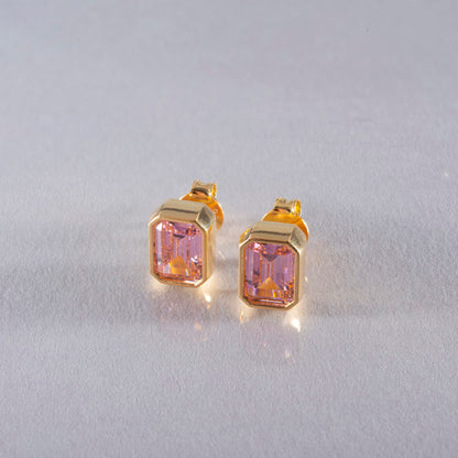 Rectangle Pink Tourmaline Stud Earrings in 14K Solid Gold, October Birthstone Baguette Cut Jewelry Queen Jewelry Earrings