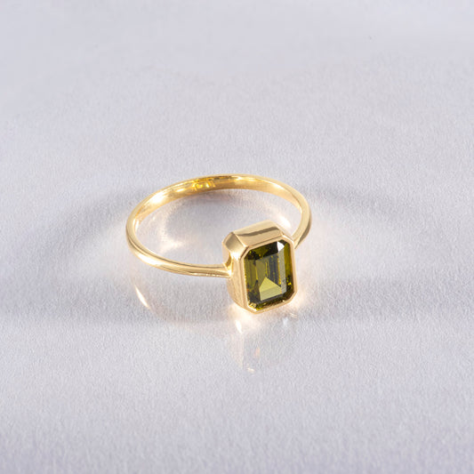 Peridot Rectangle Ring 14K Solid Gold, August Birthstone, Baguette Cut Design Queen Jewelry Rings