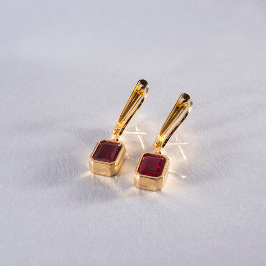 Rectangle Ruby Dangling Earrings in 14K Solid Gold, July Birthstone Baguette Cut Jewelry Queen Jewelry Earrings