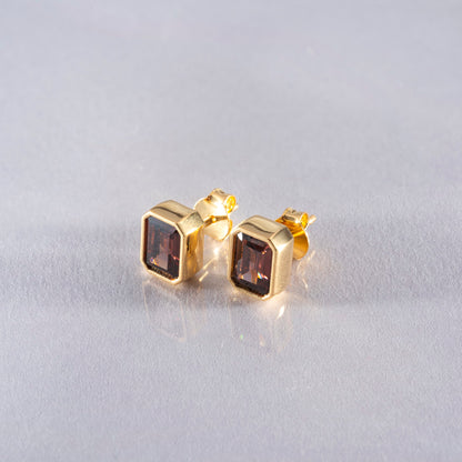 Rectangle Smoky Quartz Stud Earrings in 14K Solid Gold, Birthstone Baguette Cut Jewelry Queen Jewelry Earrings