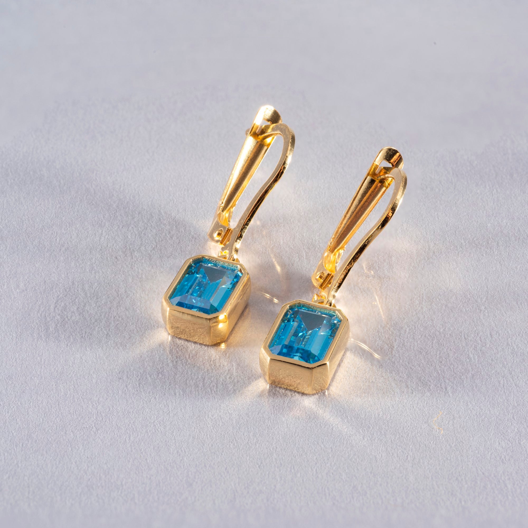Rectangle Blue Topaz Dangling Earrings in 14K Solid Gold, December Birthstone Baguette Cut Jewelry Queen Jewelry Earrings