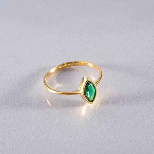 Emerald Ring Bezel Marquise Cut in 14K Solid Gold, May Birthstone Jewelry Queen Jewelry Rings