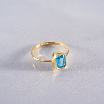 Blue Topaz Rectangle Ring 14K Solid Gold, December Birthstone, Baguette Cut Design Queen Jewelry Rings