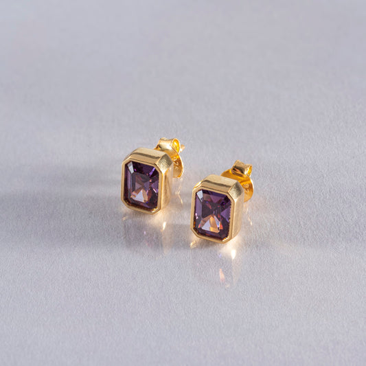 Rectangle Amethyst Stud Earrings in 14K Solid Gold, February Birthstone Baguette Cut Jewelry Queen Jewelry Earrings