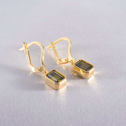Rectangle Peridot Dangling Earrings in 14K Solid Gold, August Birthstone Baguette Cut Jewelry Queen Jewelry Earrings