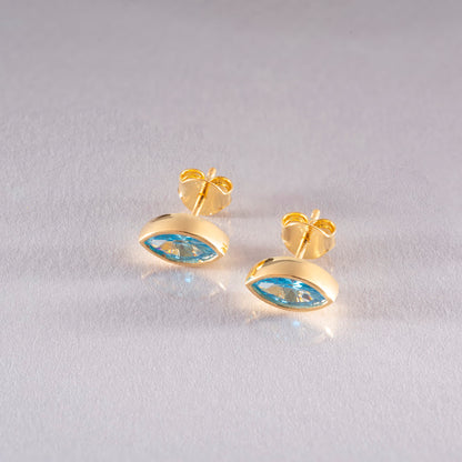 Blue Topaz Stud Earrings Bezel Marquise Cut in 14K Solid Gold, December Birthstone Jewelry Queen Jewelry Earrings