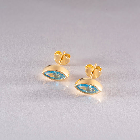 Blue Topaz Stud Earrings Bezel Marquise Cut in 14K Solid Gold, December Birthstone Jewelry Queen Jewelry Earrings