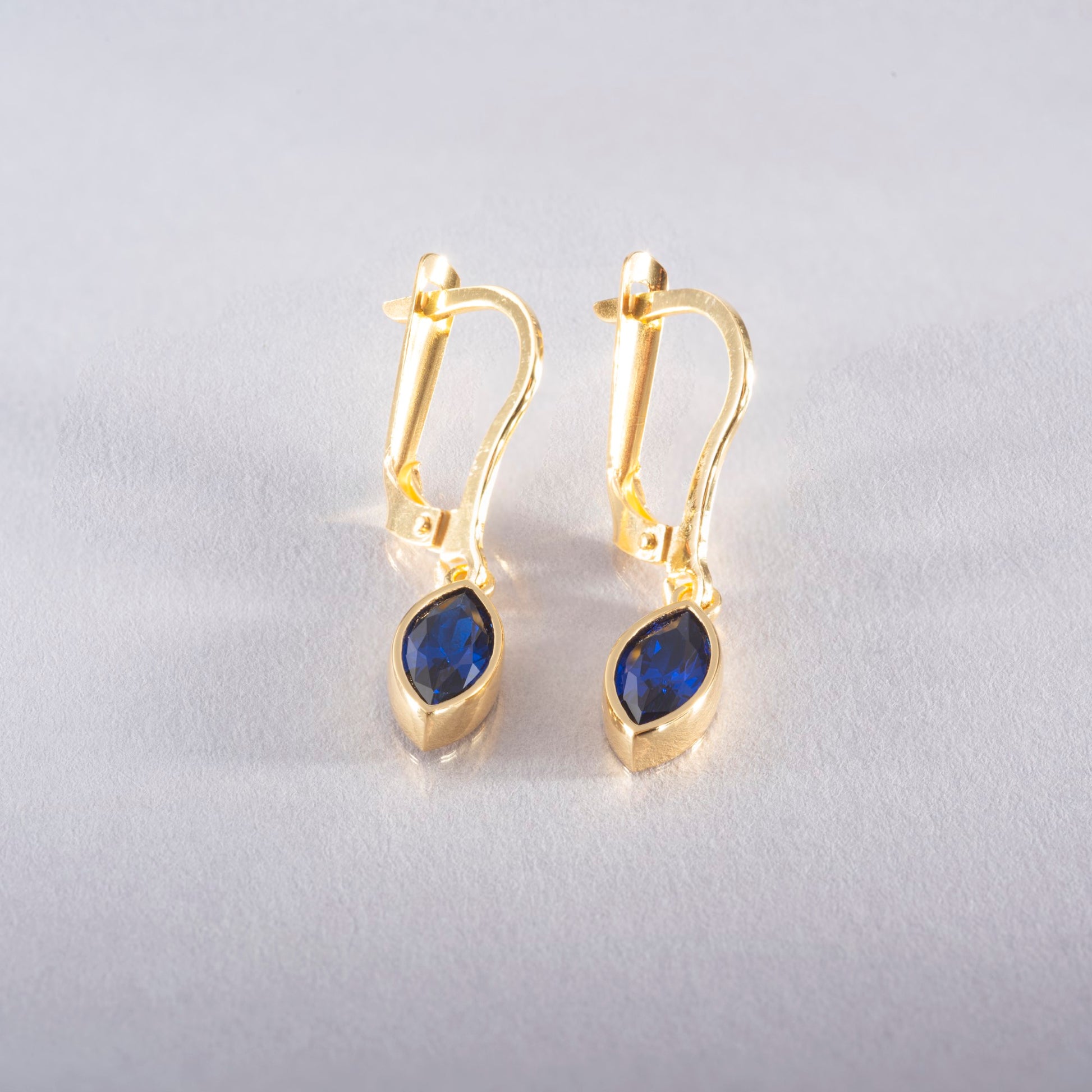 Sapphire Dangle Earrings Bezel Marquise Cut in 14K Solid Gold, September Birthstone Jewelry Queen Jewelry Earrings