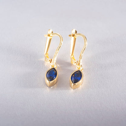 Sapphire Dangle Earrings Bezel Marquise Cut in 14K Solid Gold, September Birthstone Jewelry Queen Jewelry Earrings