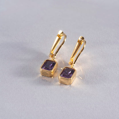 Rectangle Amethyst Dangling Earrings in 14K Solid Gold, February Birthstone Baguette Cut Jewelry Queen Jewelry Earrings