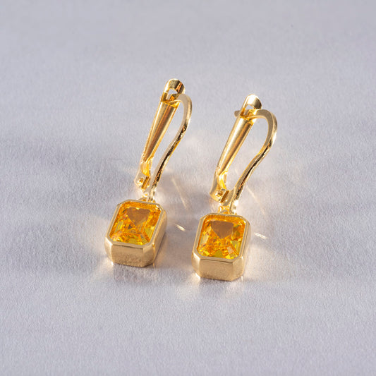 Rectangle Yellow Topaz Dangling Earrings in 14K Solid Gold, Birthstone Baguette Cut Jewelry Queen Jewelry Earrings