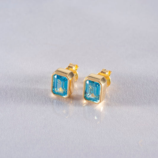Rectangle Blue Topaz Stud Earrings in 14K Solid Gold, December Birthstone Baguette Cut Jewelry Queen Jewelry Earrings