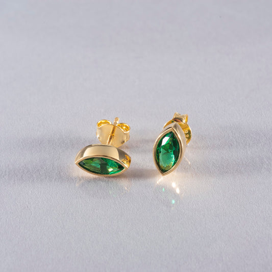 Emerald Stud Earrings Bezel Marquise Cut in 14K Solid Gold, May Birthstone Jewelry Queen Jewelry Earrings