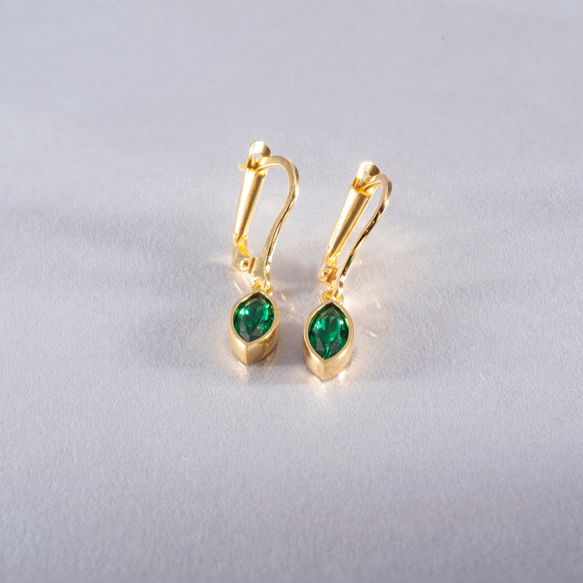 Emerald Dangle Earrings Bezel Marquise Cut in 14K Solid Gold, May Birthstone Jewelry Queen Jewelry Earrings