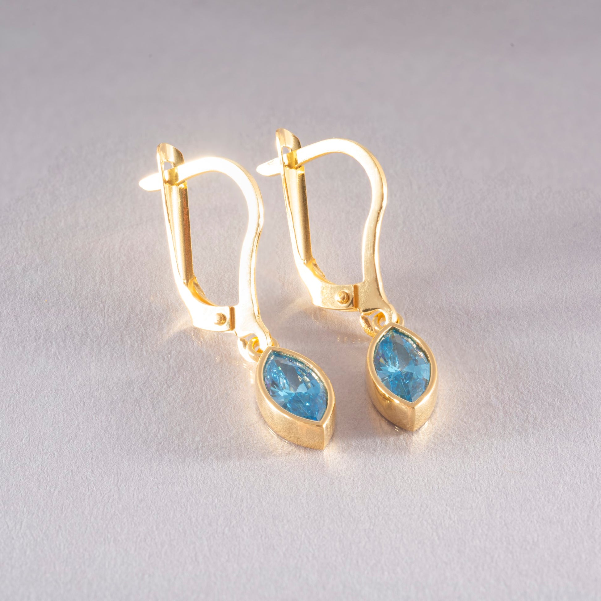 Blue Topaz Dangle Earrings Bezel Marquise Cut in 14K Solid Gold, December Birthstone Jewelry Queen Jewelry Earrings