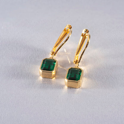 Rectangle Emerald Dangling Earrings in 14K Solid Gold, May Birthstone Baguette Cut Jewelry Queen Jewelry Earrings