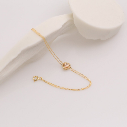 Citrine Heart Bracelet with Real Diamond, 8K/10K/14K Solid Gold, November Birthstone