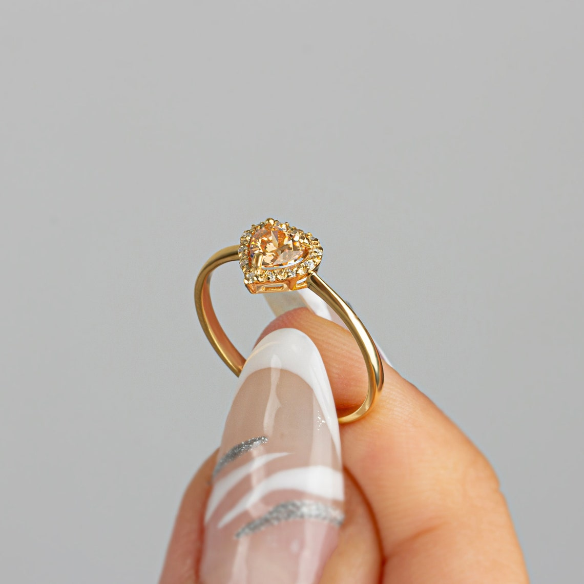 Real Diamond Heart Citrine Ring 8K/10K/14K Solid Gold