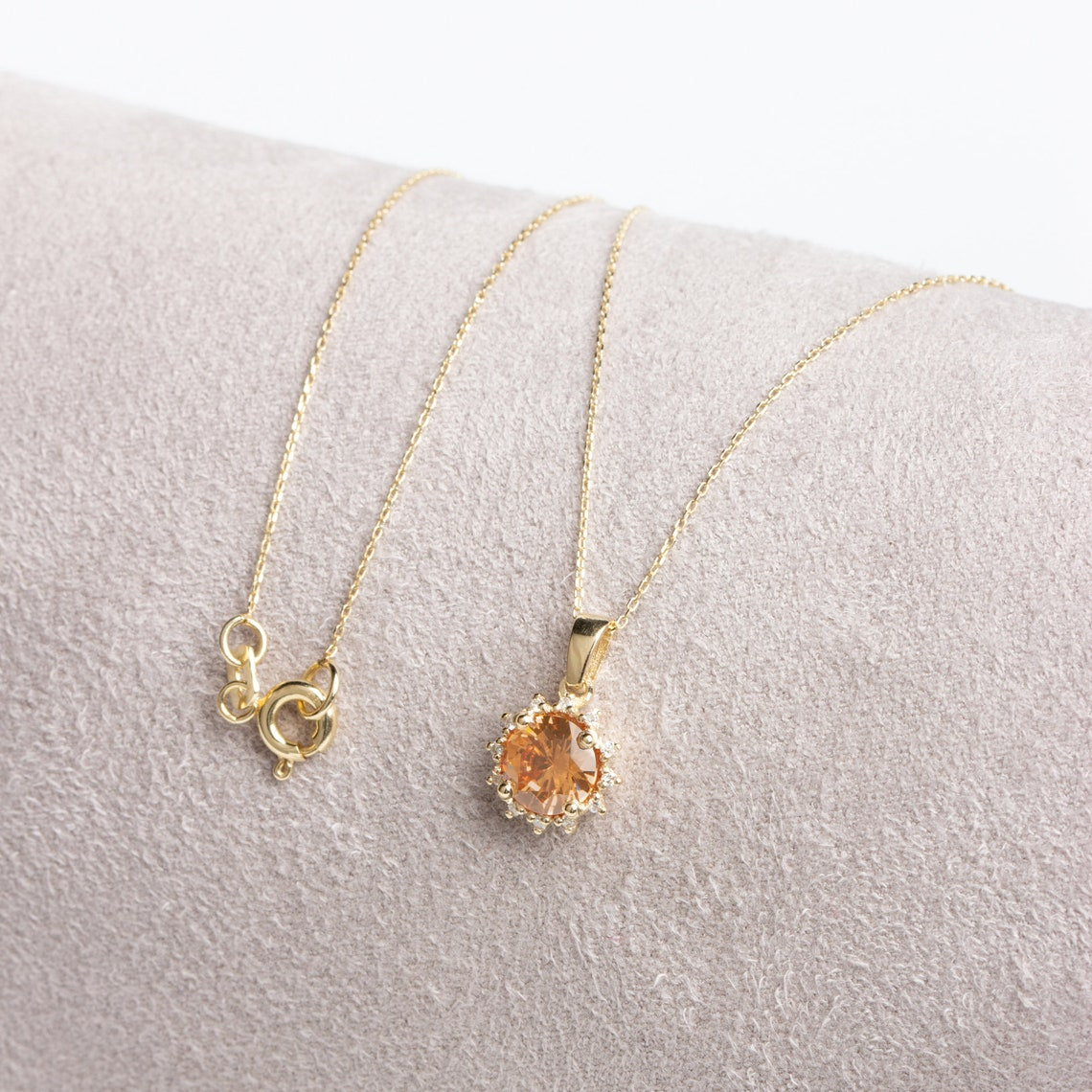 Round Citrine Necklace with Real Diamonds, 8K/10K/14K Solid Gold November Birthstone