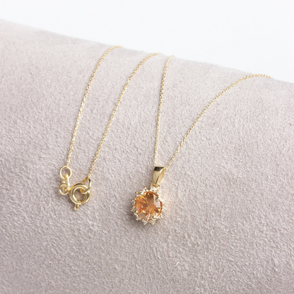 Round Citrine Necklace with Real Diamonds, 8K/10K/14K Solid Gold November Birthstone