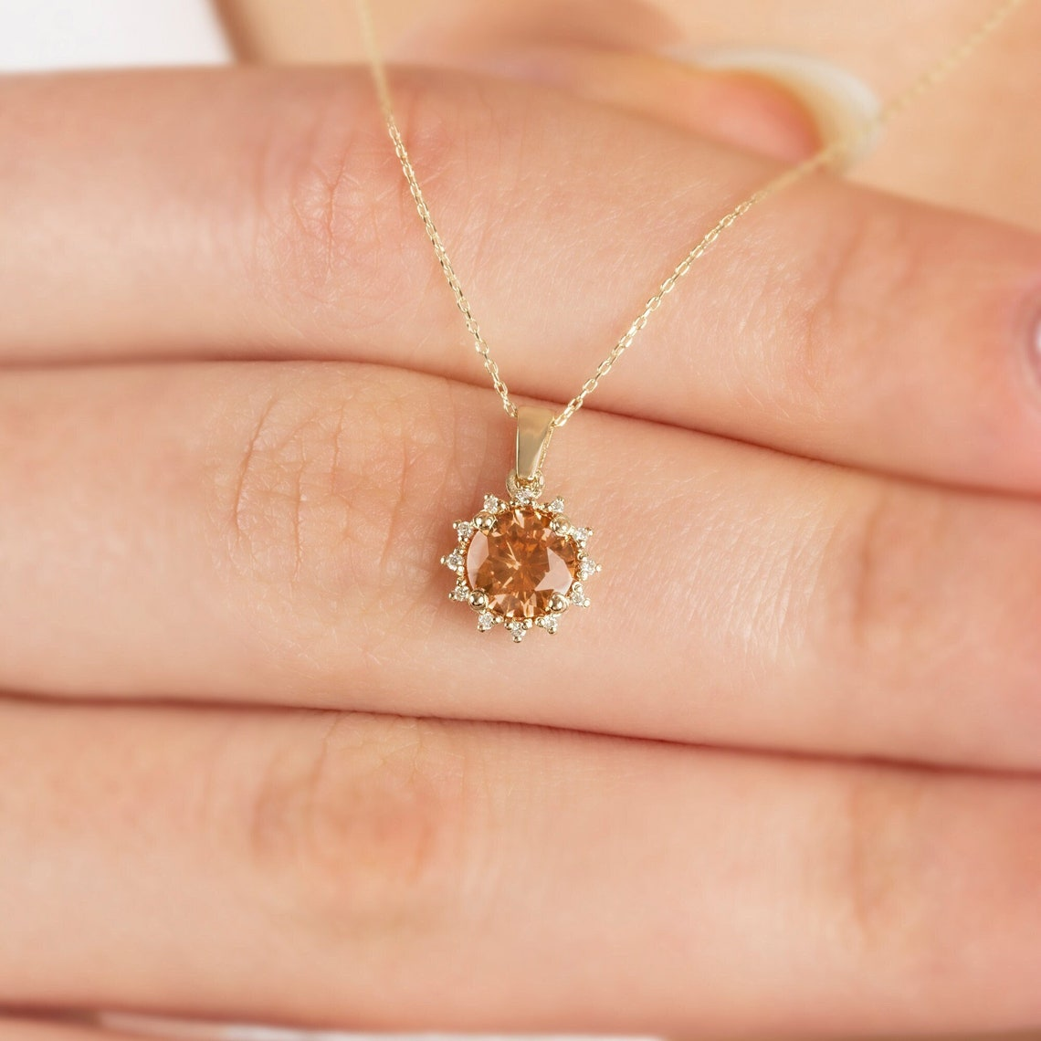 Round Citrine Necklace with Real Diamonds, 8K/10K/14K Solid Gold November Birthstone