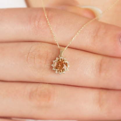 Round Citrine Necklace with Real Diamonds, 8K/10K/14K Solid Gold November Birthstone