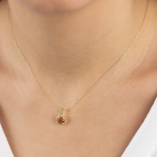 Round Citrine Necklace with Real Diamonds, 8K/10K/14K Solid Gold November Birthstone