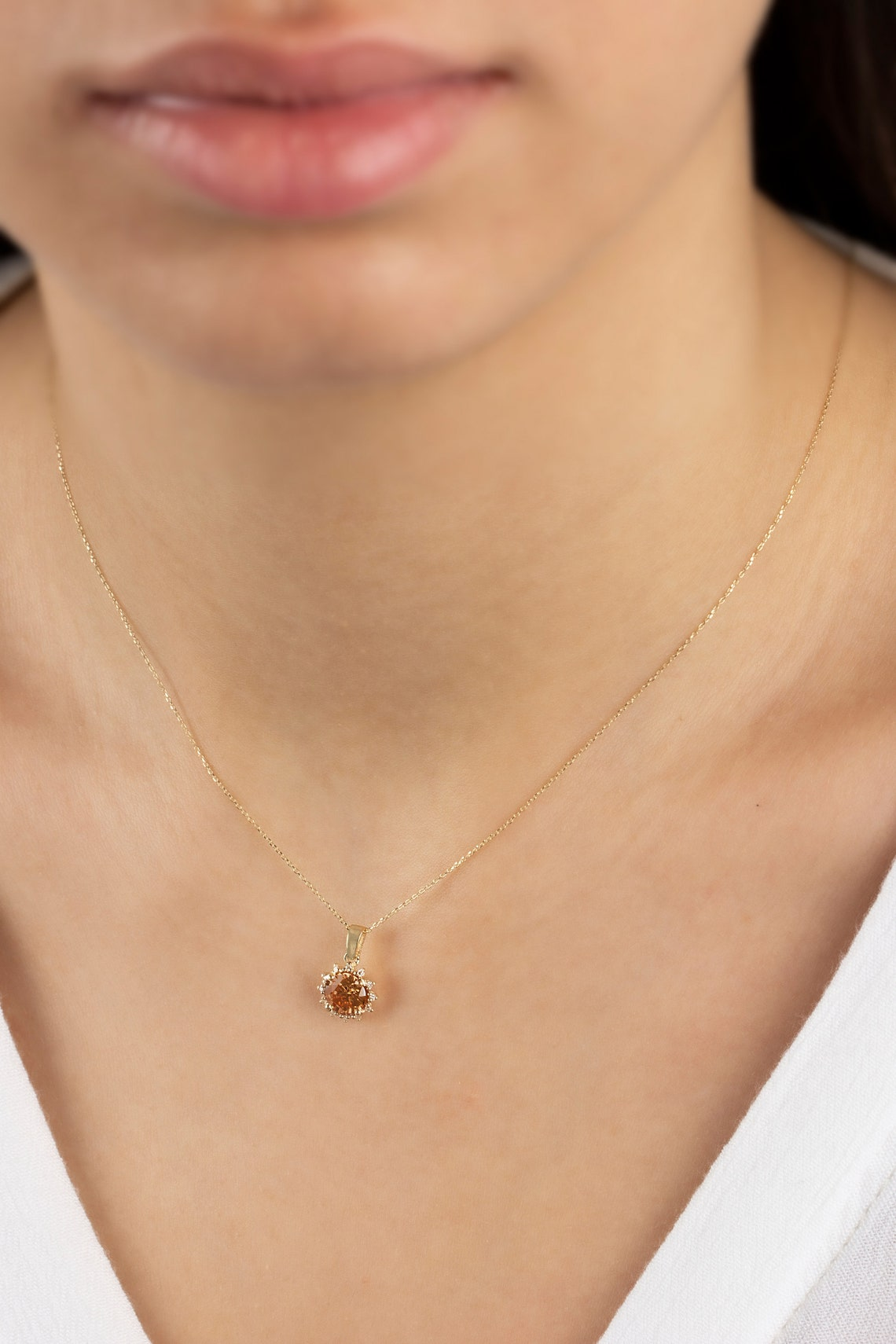 Round Citrine Necklace with Real Diamonds, 8K/10K/14K Solid Gold November Birthstone