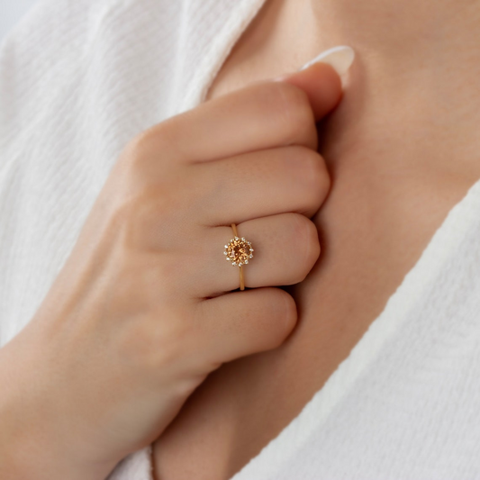 Round Citrine Ring with Real Diamond Around 14K Solid Gold, November Birthstone