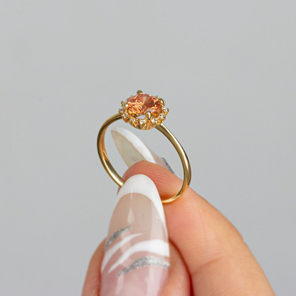 Round Citrine Ring with Real Diamond Around 14K Solid Gold, November Birthstone