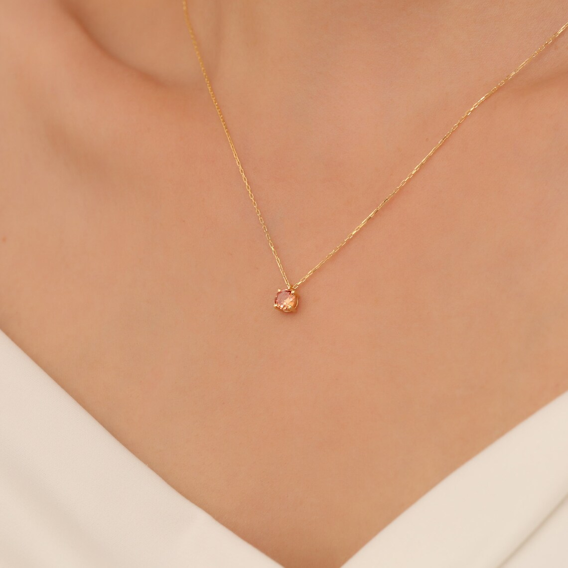 Round Citrine Necklace 8K/10K/14K Solid Gold, November Birthstone