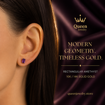 Amethyst Rectangle Stud Earring in 10K/14K Solid Gold, February Birthstone