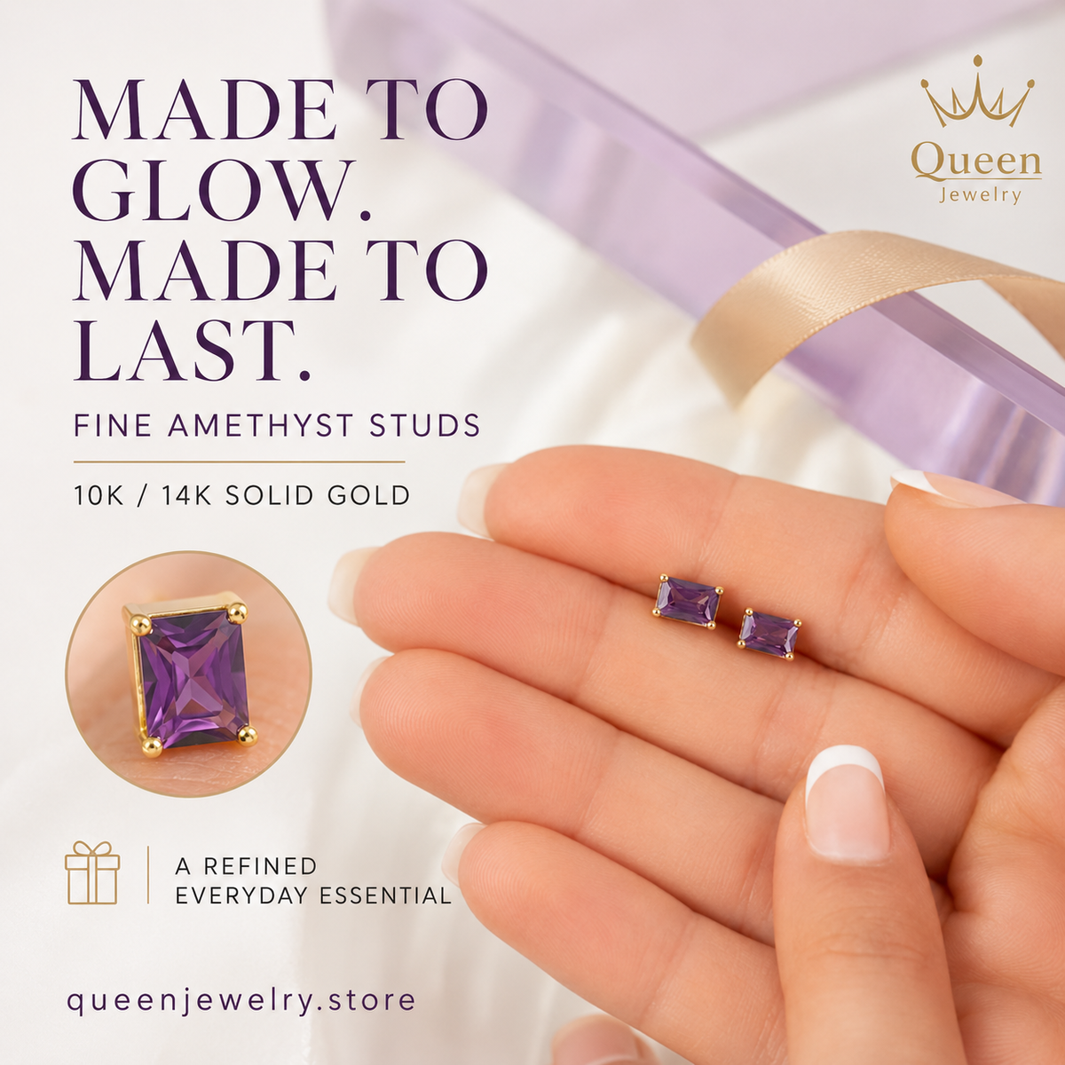 Amethyst Rectangle Stud Earring in 10K/14K Solid Gold, February Birthstone