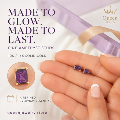 Amethyst Rectangle Stud Earring in 10K/14K Solid Gold, February Birthstone
