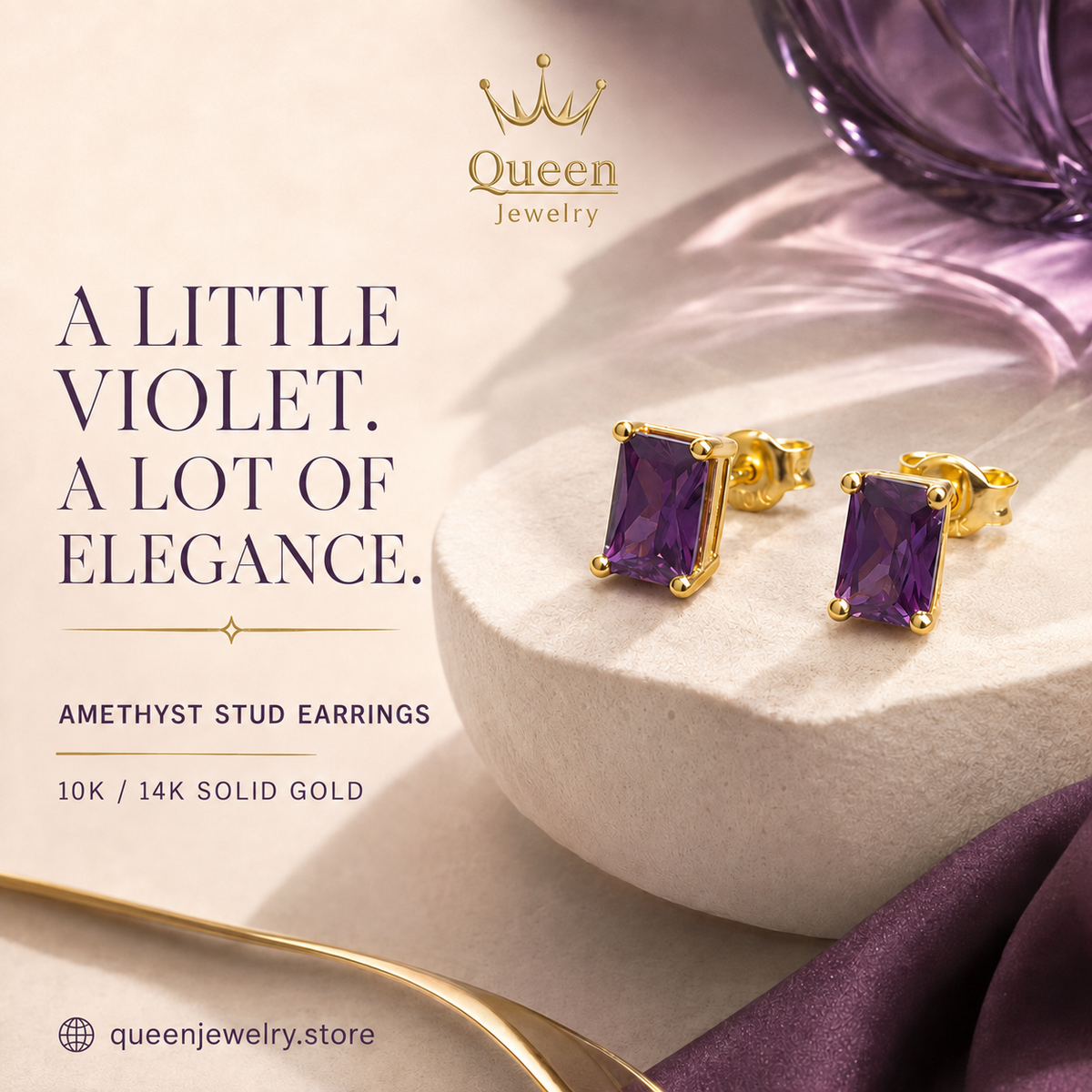 Amethyst Rectangle Stud Earring in 10K/14K Solid Gold, February Birthstone