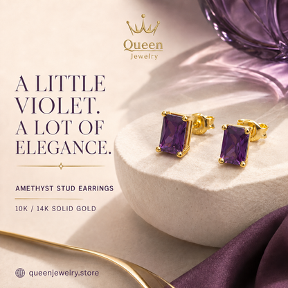 Amethyst Rectangle Stud Earring in 10K/14K Solid Gold, February Birthstone