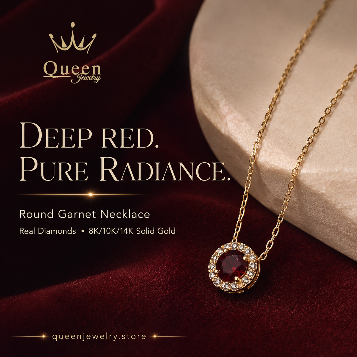 Round Garnet Necklace Surrounded by Real Diamonds, 8K/10K/14K Solid Gold, January Birthstone