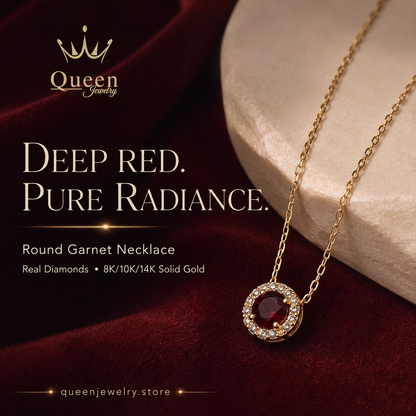 Round Garnet Necklace Surrounded by Real Diamonds, 8K/10K/14K Solid Gold, January Birthstone