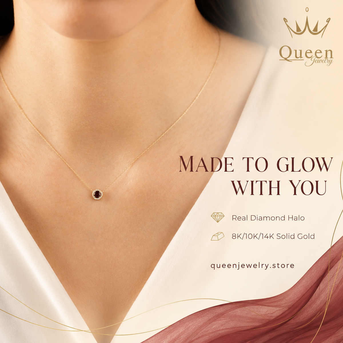 Round Garnet Necklace Surrounded by Real Diamonds, 8K/10K/14K Solid Gold, January Birthstone