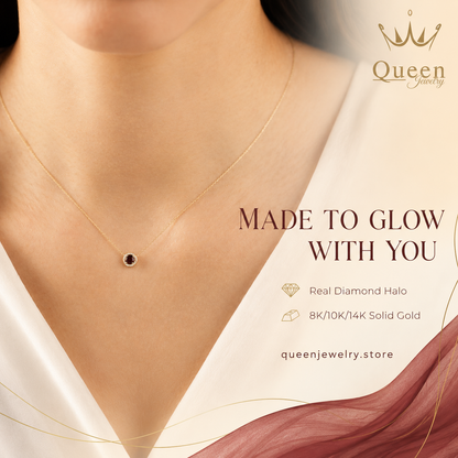Round Garnet Necklace Surrounded by Real Diamonds, 8K/10K/14K Solid Gold, January Birthstone
