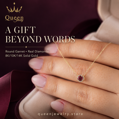 Round Garnet Necklace Surrounded by Real Diamonds, 8K/10K/14K Solid Gold, January Birthstone