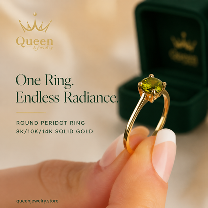 Round Peridot Ring 8K/10K/14K Solid Gold, August Birthstone