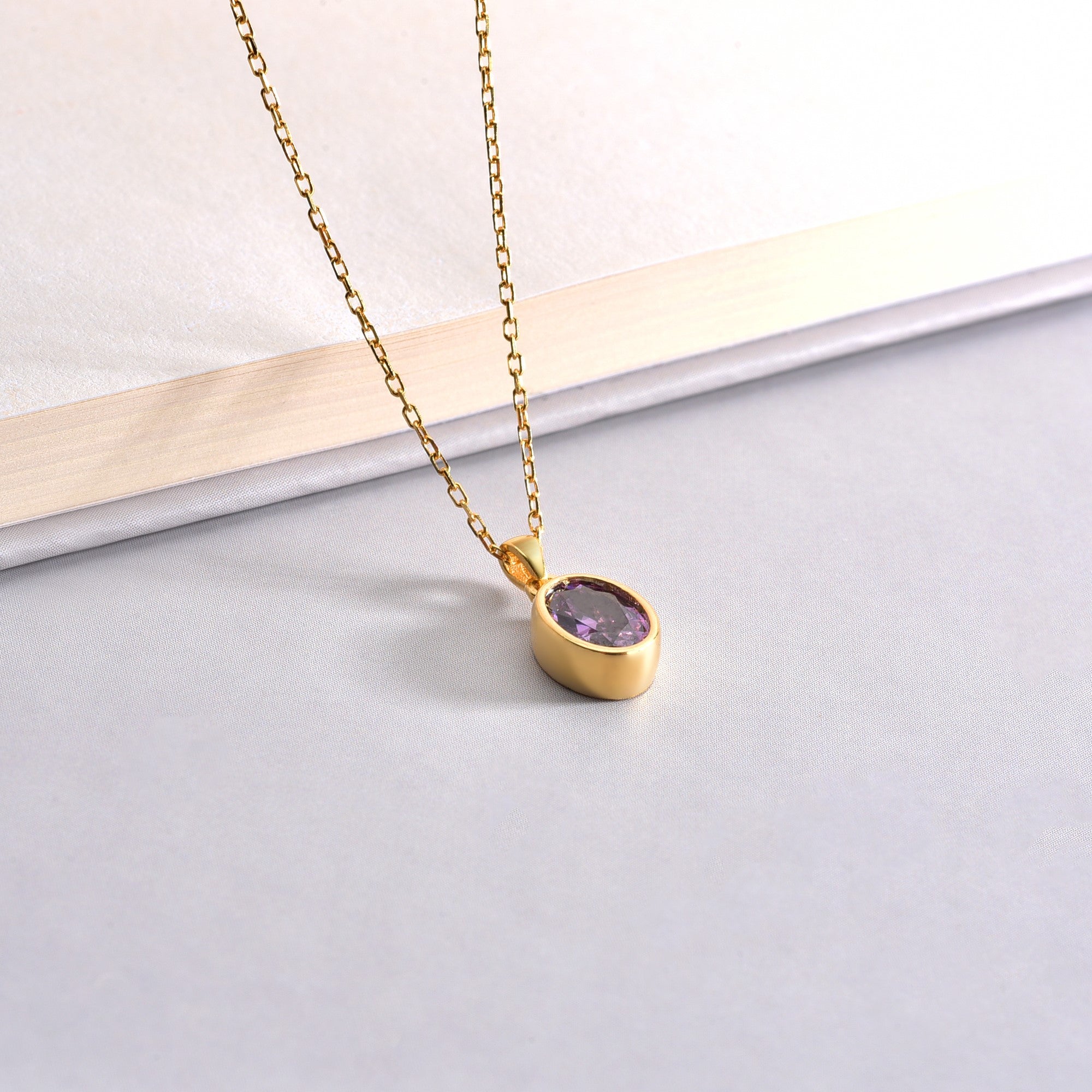 Oval Amethyst Bezel Necklace 14K Solid Gold, February Birthstone Charm Pendant Queen Jewelry Necklace