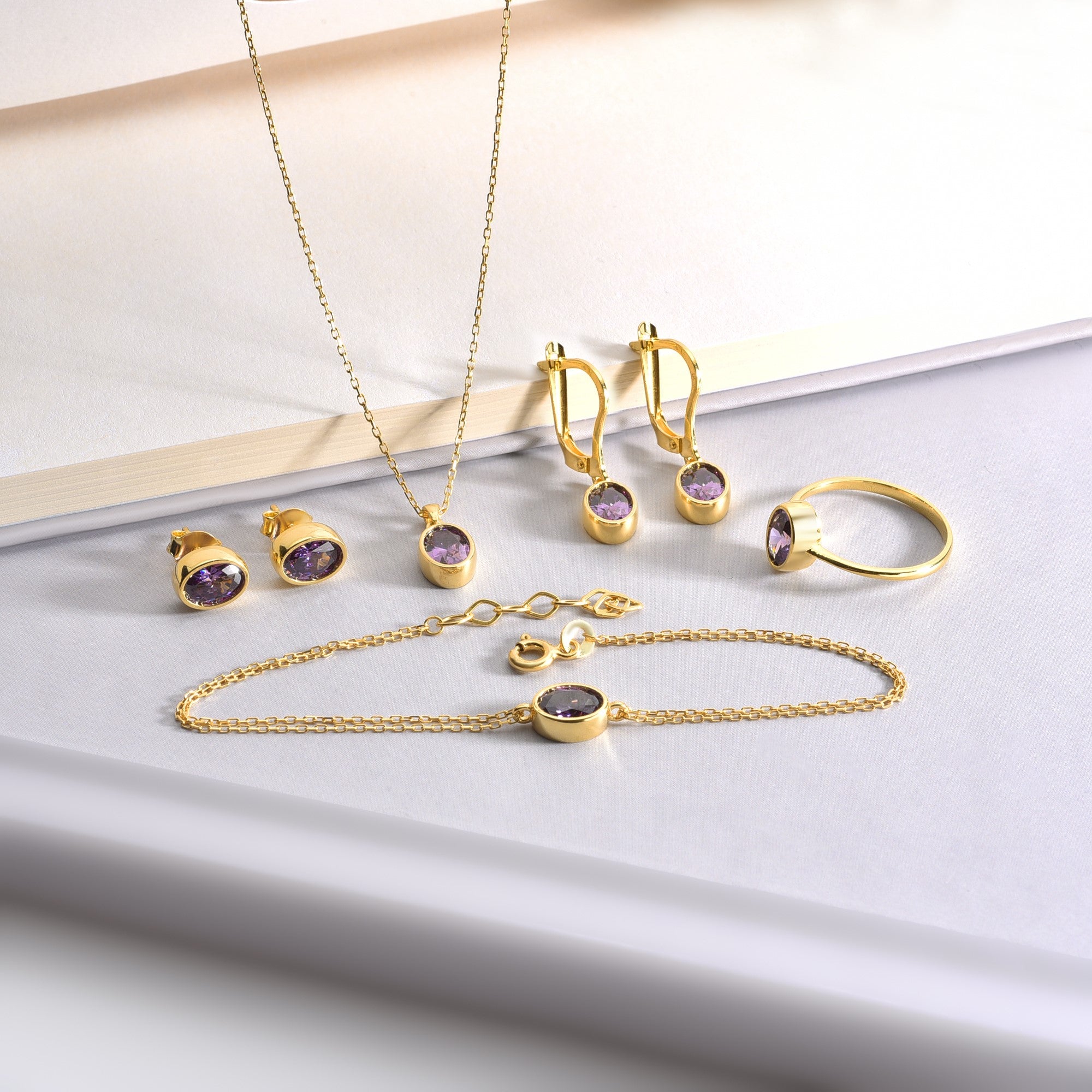 Oval Amethyst Bezel Dangle Earrings in 14K Solid Gold, February Birthstone Queen Jewelry Earrings