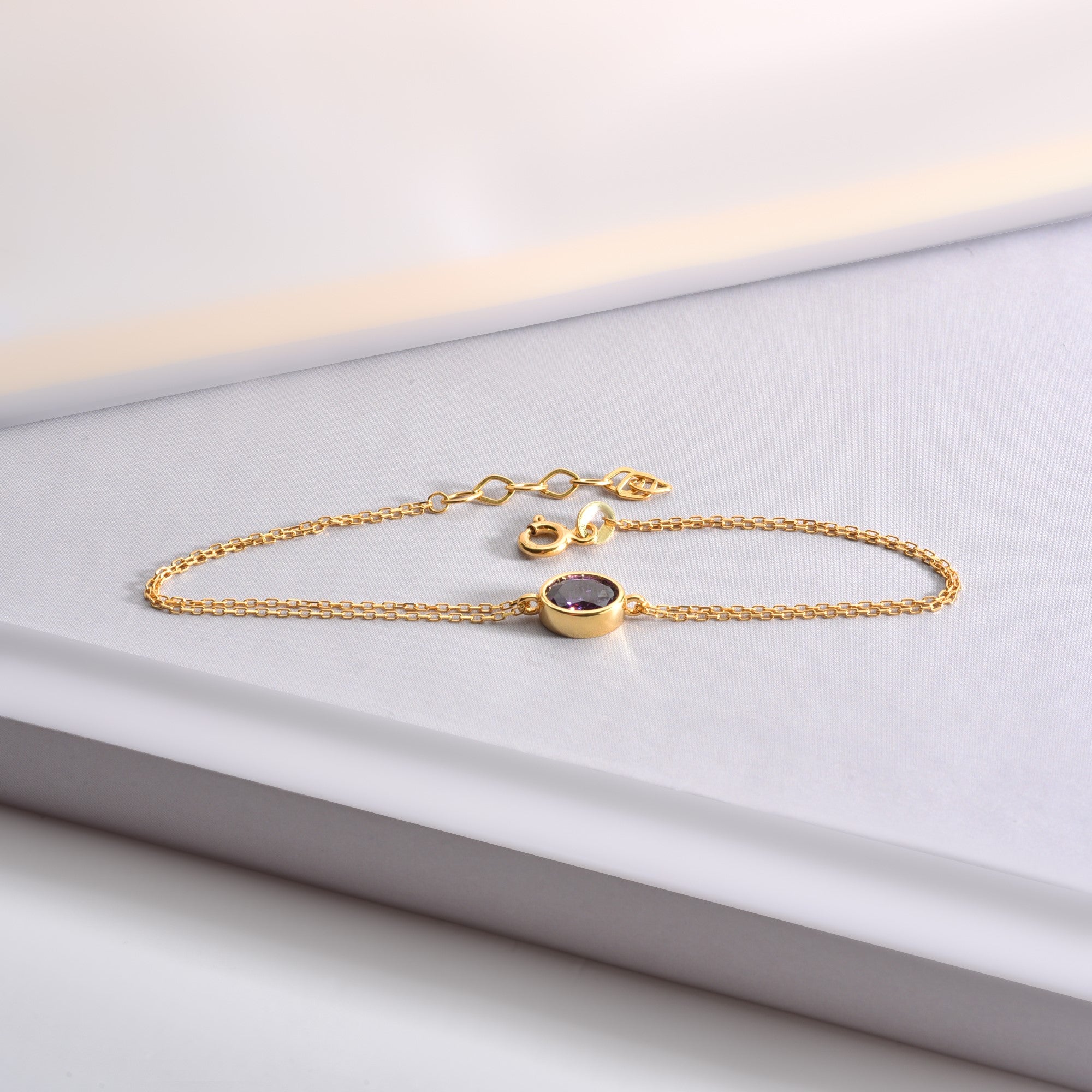 Oval Amethyst Bezel Bracelet in 14K Solid Gold, February Birthstone Queen Jewelry Bracelet