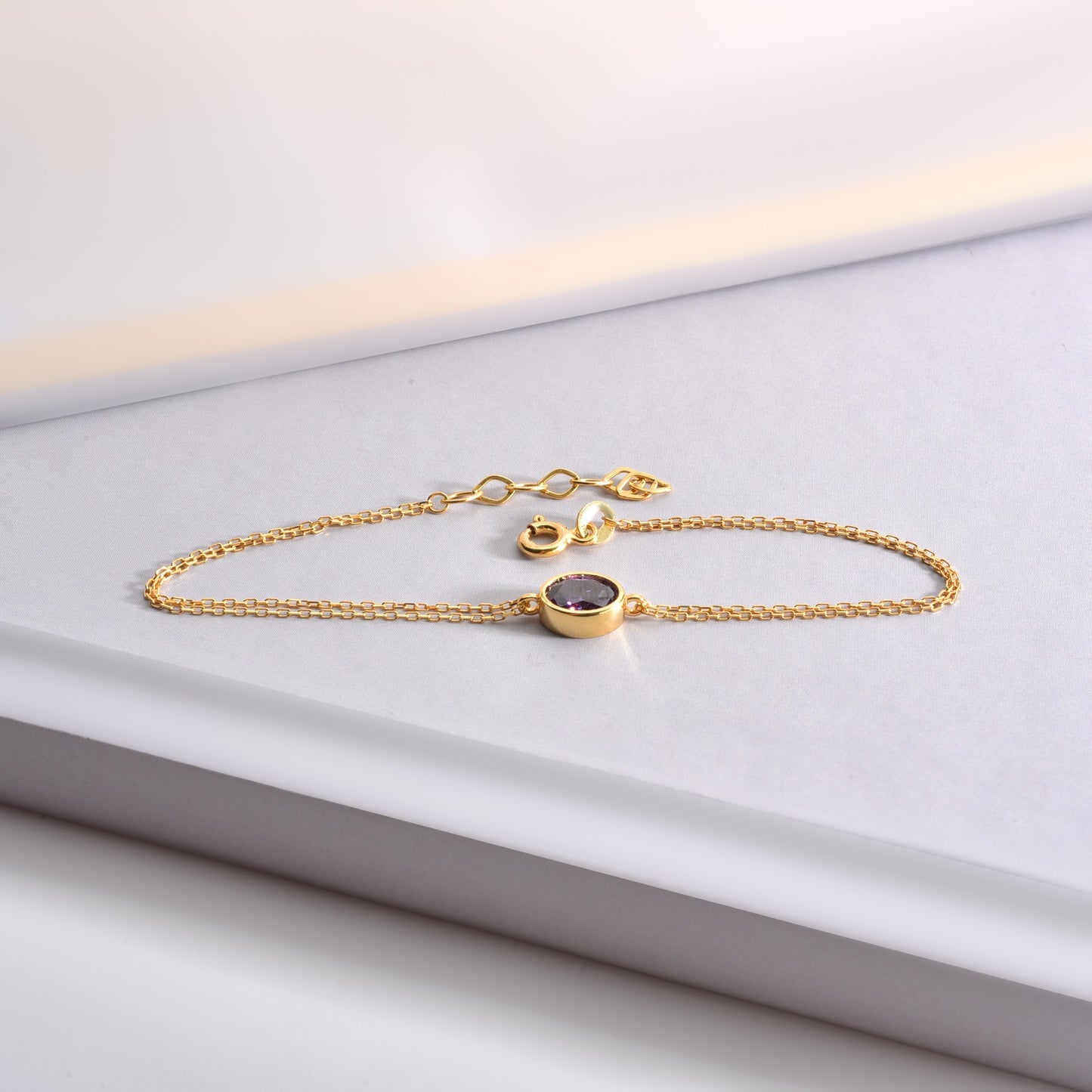 Oval Amethyst Bezel Bracelet in 14K Solid Gold, February Birthstone Queen Jewelry Bracelet