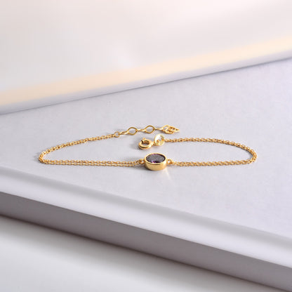 Oval Amethyst Bezel Bracelet in 14K Solid Gold, February Birthstone Queen Jewelry Bracelet