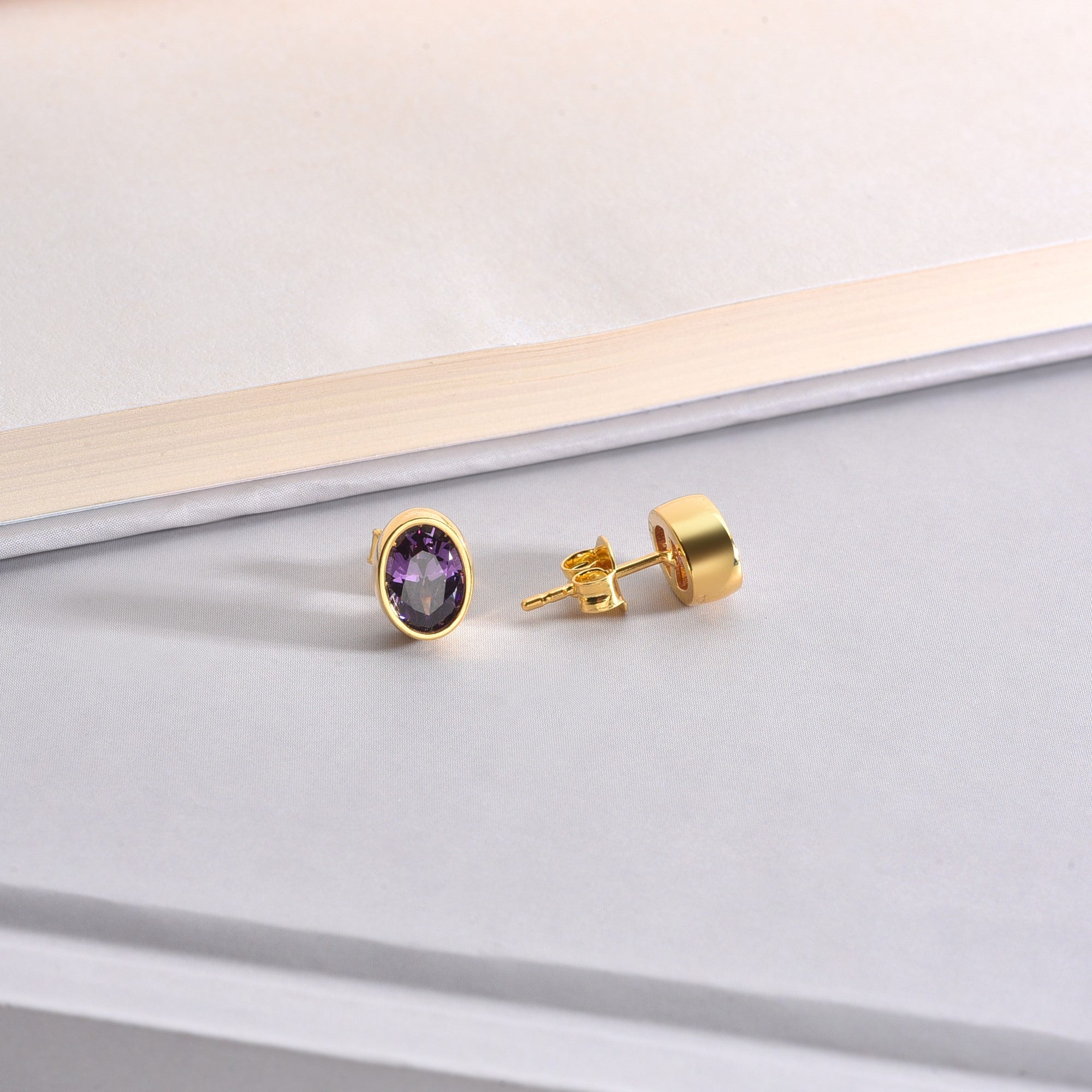 Oval Amethyst Bezel Stud Earrings in 14K Solid Gold, February Birthstone Queen Jewelry Earrings