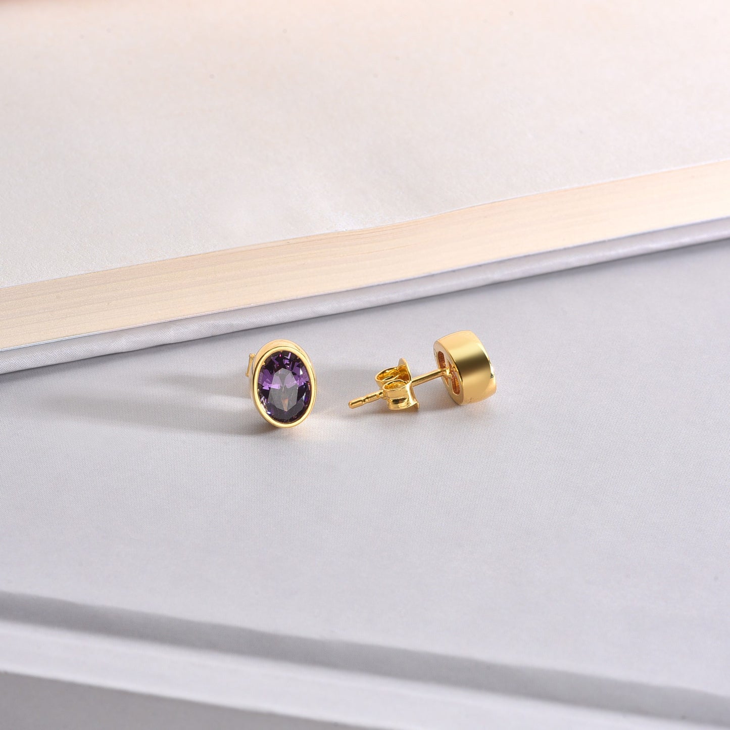 Oval Amethyst Bezel Stud Earrings in 14K Solid Gold, February Birthstone Queen Jewelry Earrings